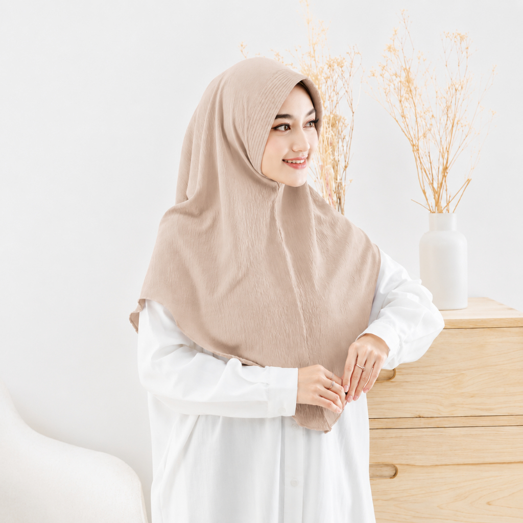 Bergo Maryam Pet Ped Tali Beige Crinkle Airflow Tali / Jilbab Maryam / Kerudung Maryam Instant Ukura