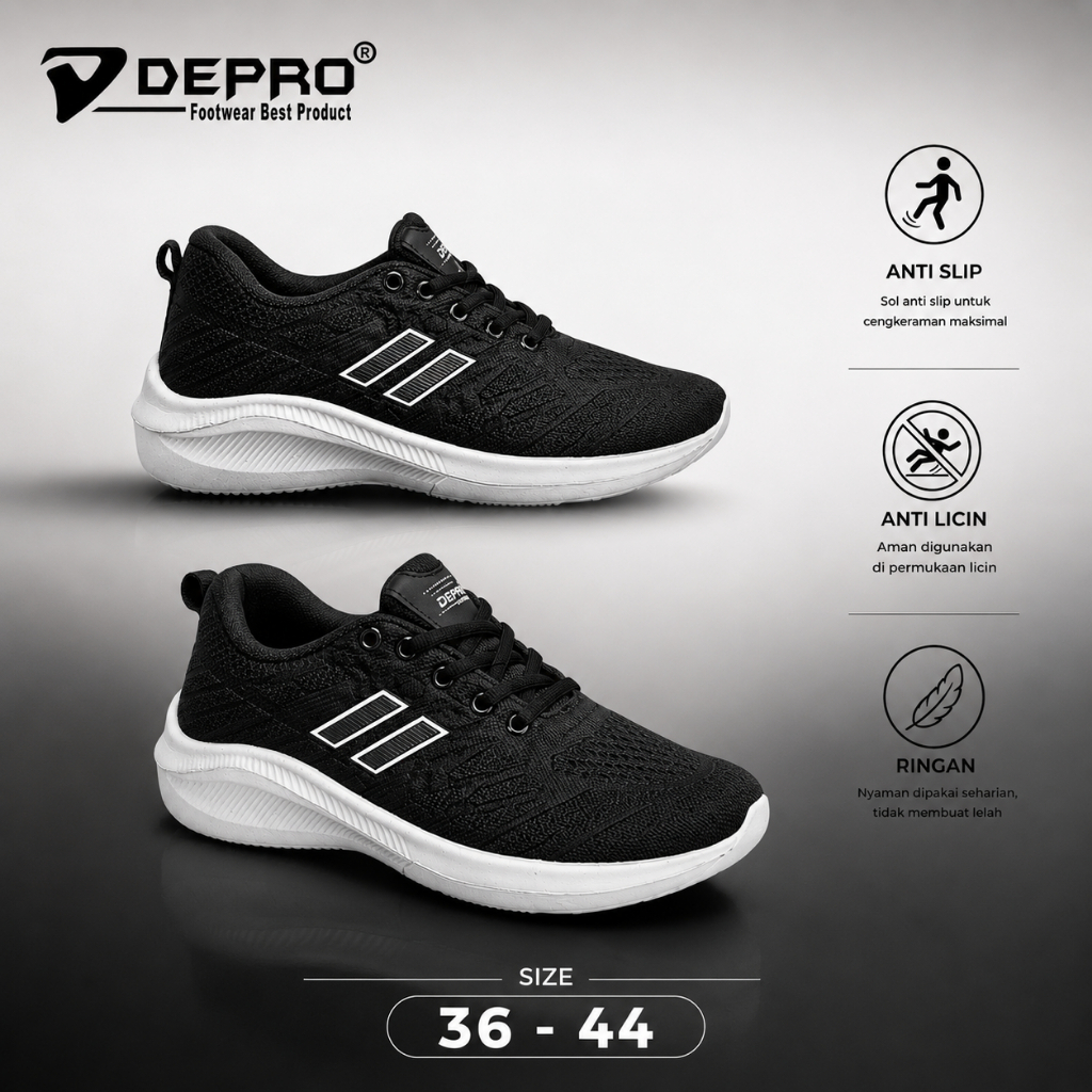 DEPRO Sepatu Pria Big Size 38-44 Sport Sneakers Casual Olahraga Running Lari Full Black Hitam Polos