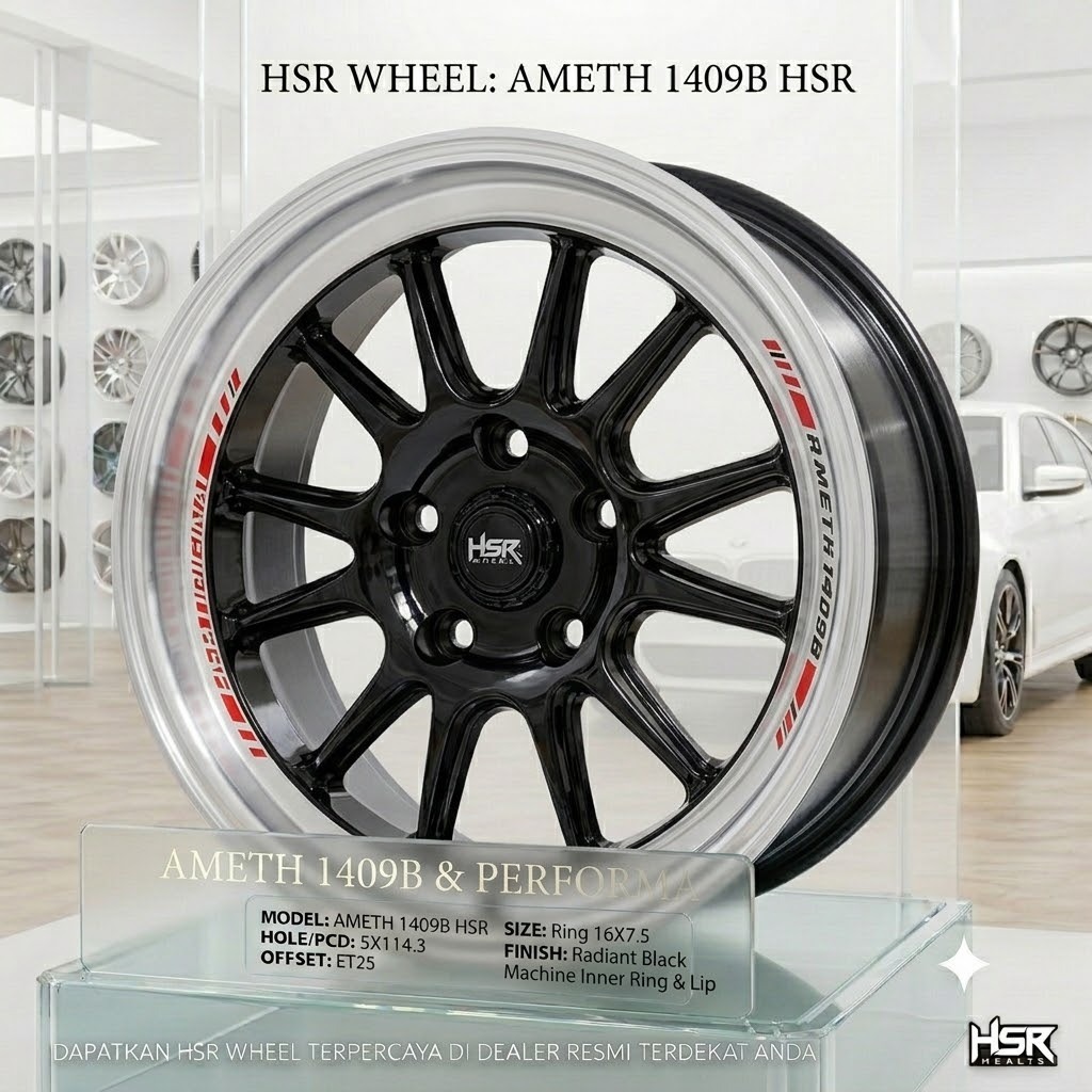Velg mobil racing ring 16 HSR AMETH lubang baut 5x114 offset 25 lebar 7,5 r16 black polish