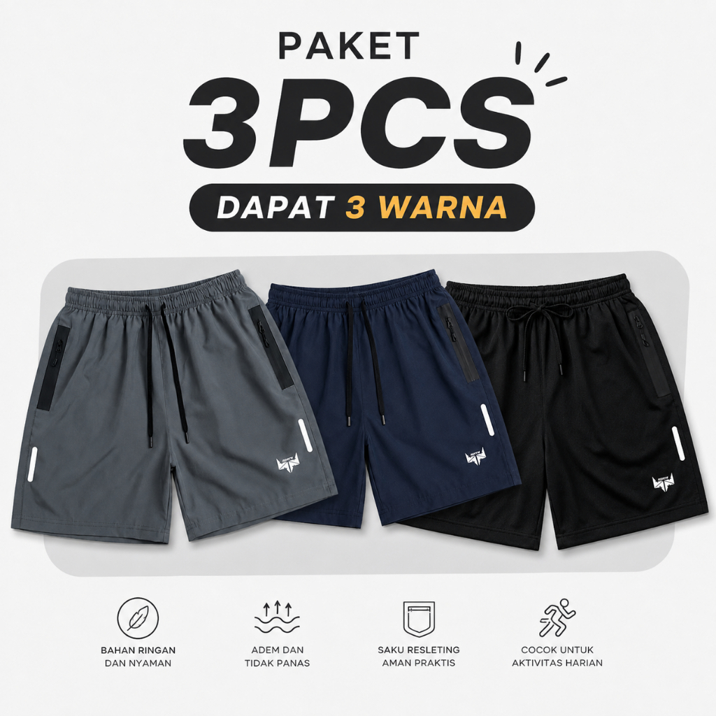 Promo 80ribu dapat 3pcs - Celana pendek prasut running pria gym jogging volly futsal saku sleting