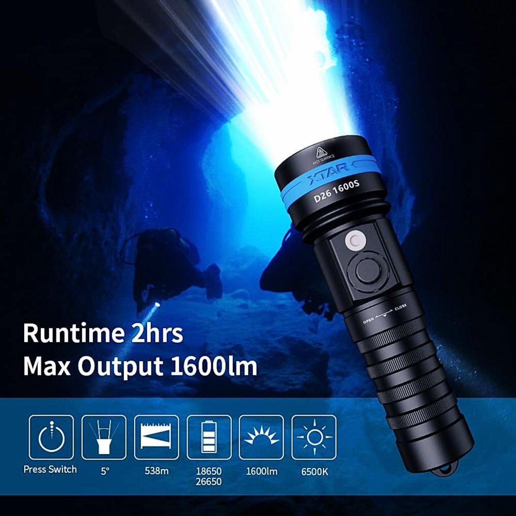 XTAR Senter Selam Selam Kedalaman 100 Meter CREE XHP35-HI D4 Waterproof IPX8 1600 Lumens - D26 1600S