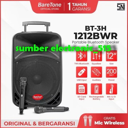 BARETONE BT 3H1212 BWR PORTABLE WIRELESS SPEAKER BLUETOOTH BT 3H 1212BWR 12bwr 12 INCH ORIGINAL GARA
