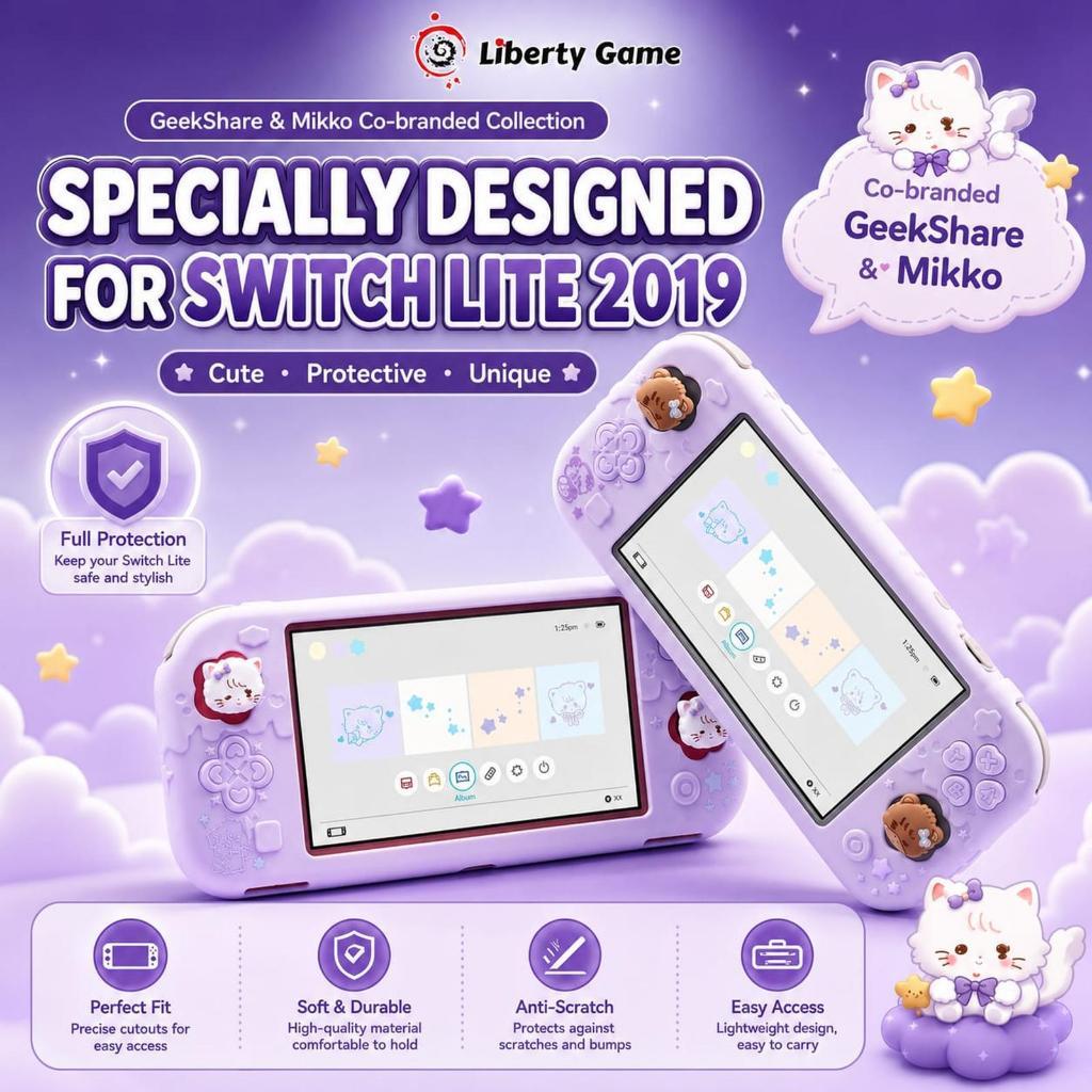 GeekShare Mikko Sweet Ice Cream Purple Soft Silicone Protective Case + 2 Thumb Grip For Switch Lite 