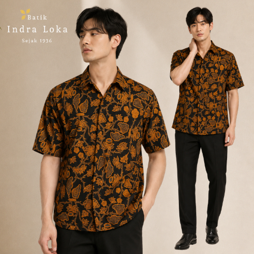 Batik Indra Loka Kemeja Batik Soga Emas Pria Lengan Pendek