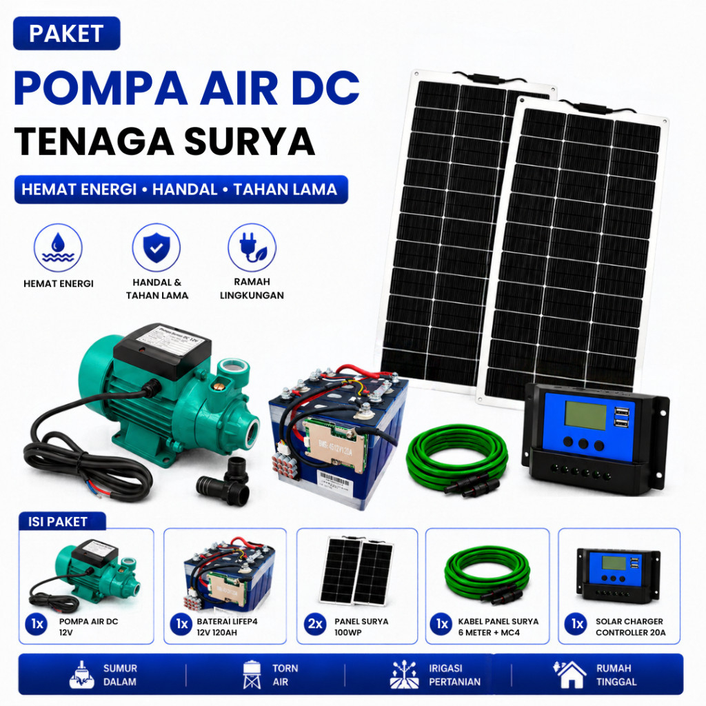 Pompa Air DC 12V 180W Tenaga Surya Paket Lengkap dengan Baterai Panel Surya 200WP Tinggal Pasang