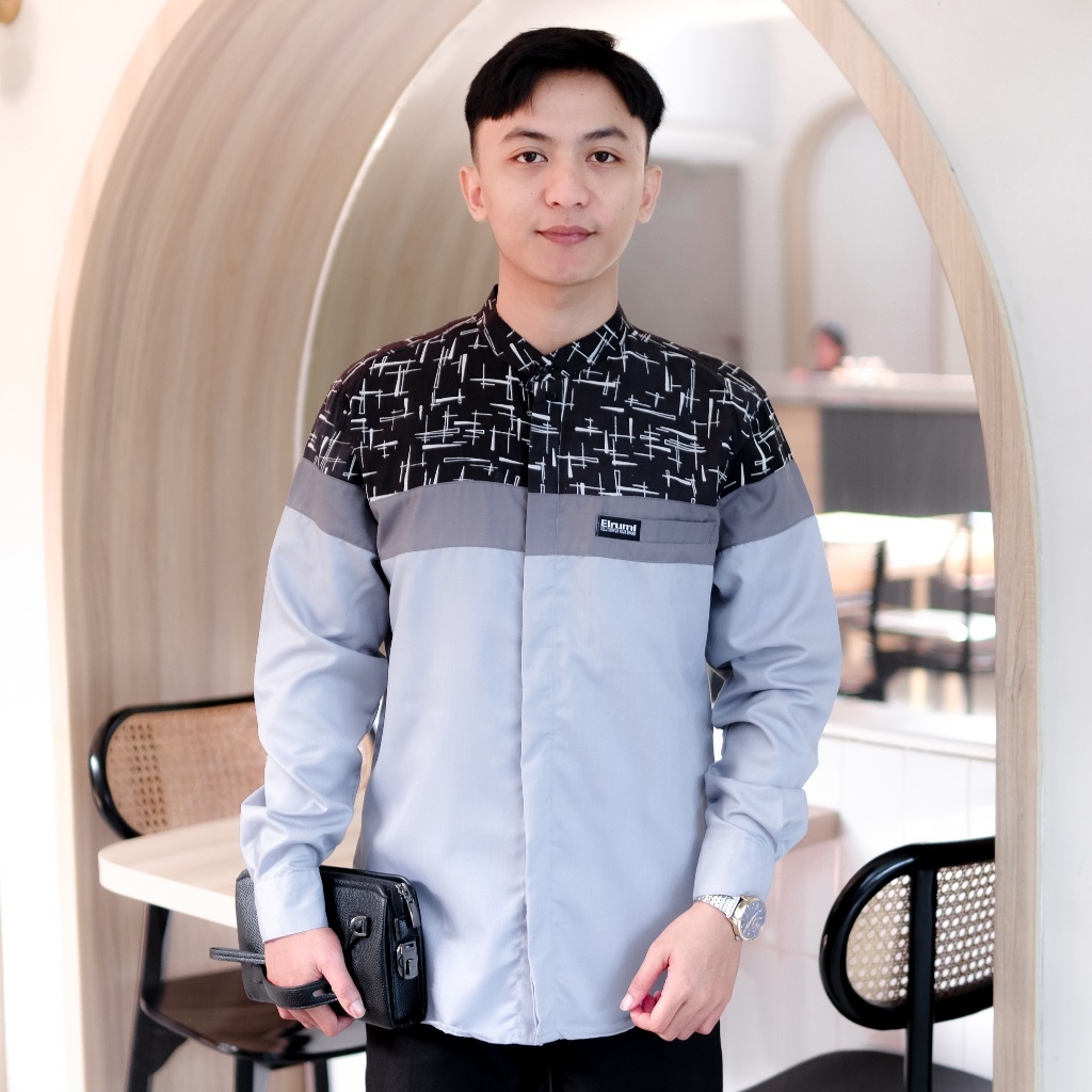 Kemeja Koko Pria Lengan Panjang Dewasa-Koko Elrumi Kombinasi Batik Motif Senopati