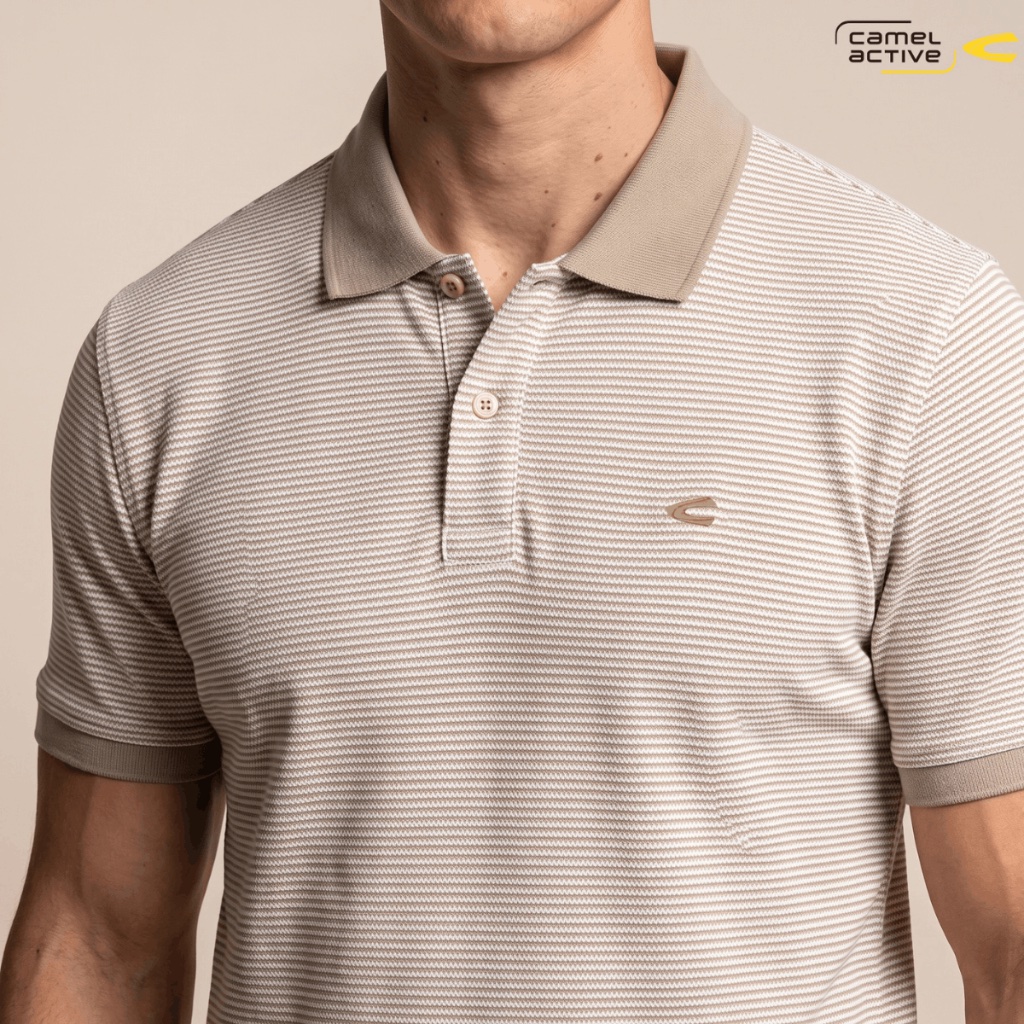camel active Men's CVC Jacquard Stripe Khaki Polo Shirt