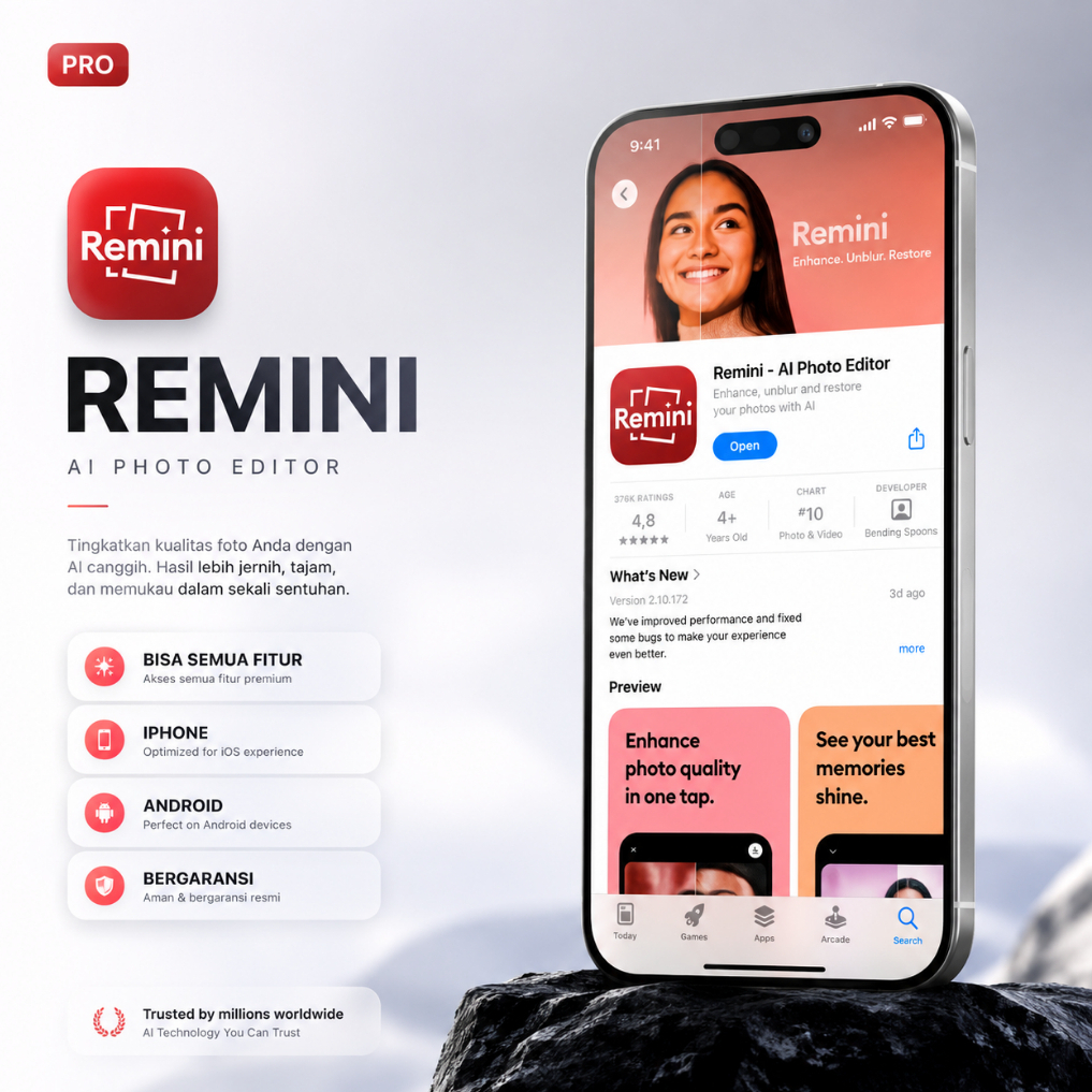 Remini [PRO] Premium AI (iOS/Android) — Edit Foto Jadul, AI Portrait, & Foto Resume Profesional