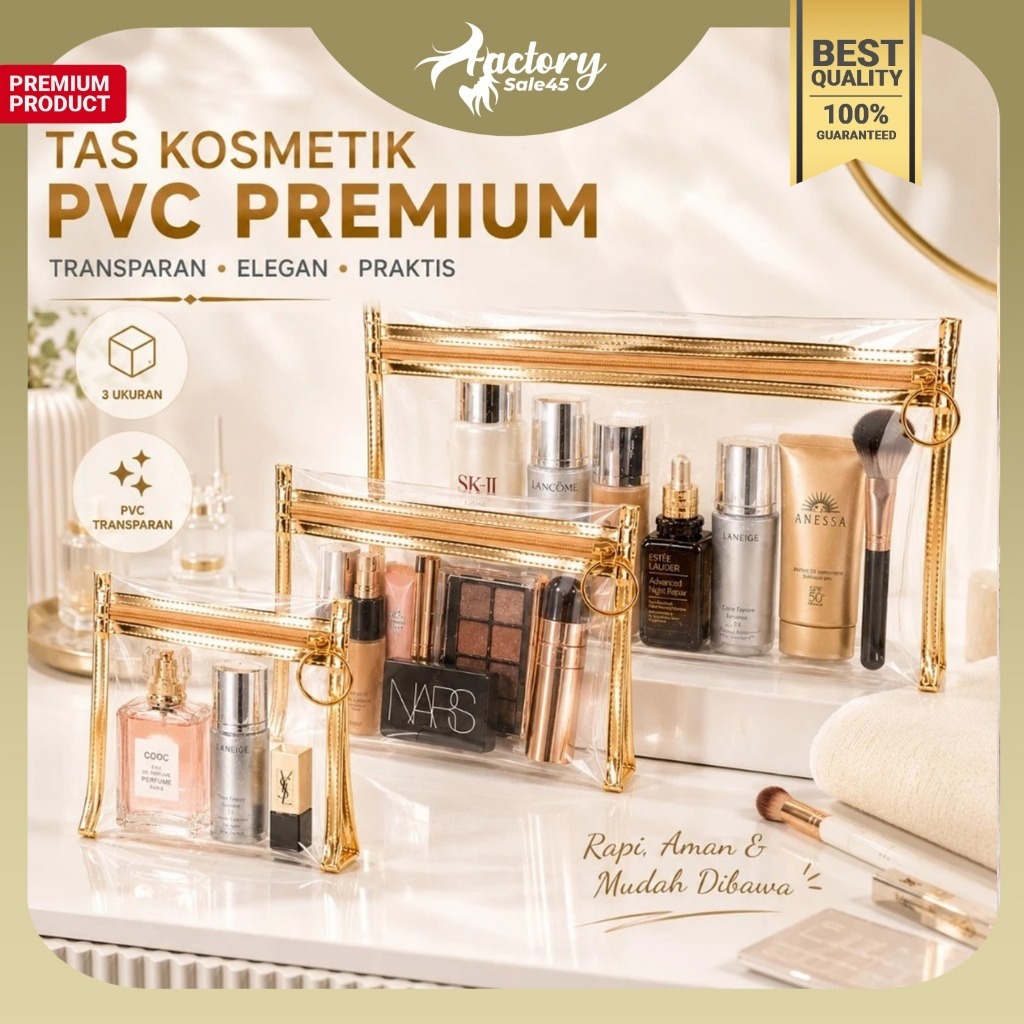 Tas Kosmetik PVC Transparan Tas Penyimpanan Makeup Tahan Air Premium Gold F1322