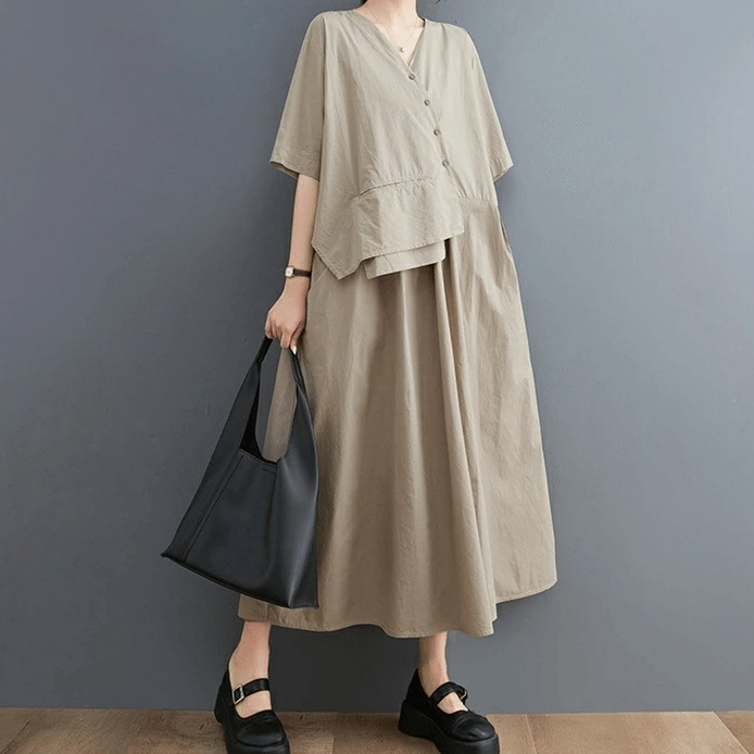 ILONASHOP Syifa Midi Dress Wanita Simple Long Tunik Linen Rami Polos Jumbo Daily