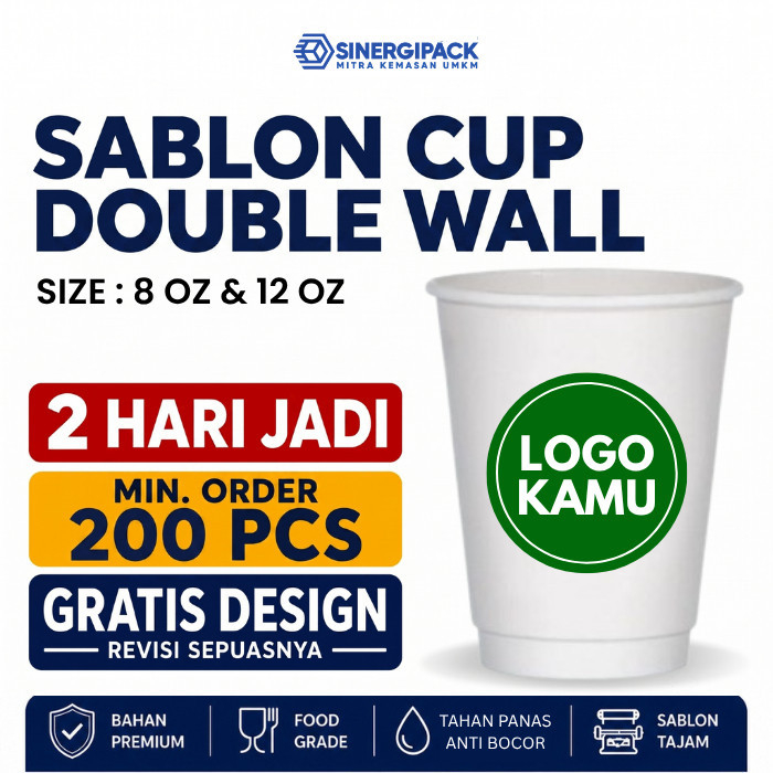 Sablon Cup Double Wall Custom Cetak Logo Paper Cup Kopi Tahan Panas - 8oz 12oz