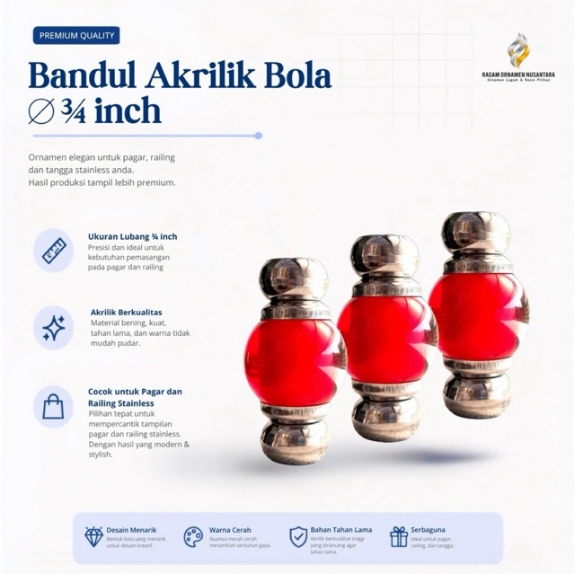 Bandul Akrilik Bola Ukuran Lubang 3/4 Dim, 3/4 inch Warna Merah Aksesoris Railing, Tangga, Pagar Sta