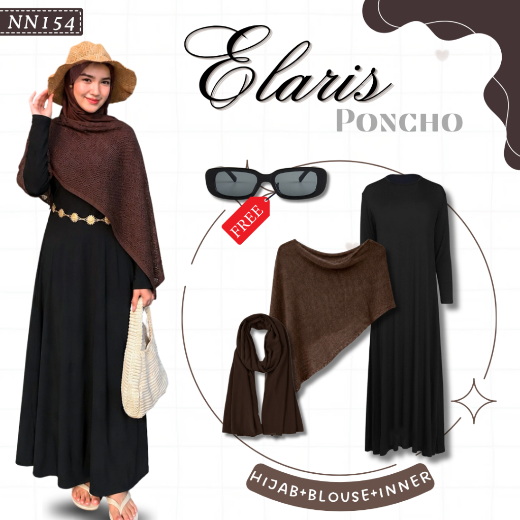 Elaris Poncho Set | One Set Wanita Kekinian | Poncho + Hijab + Inner | Baju Atasan Wanita Terbaru - 