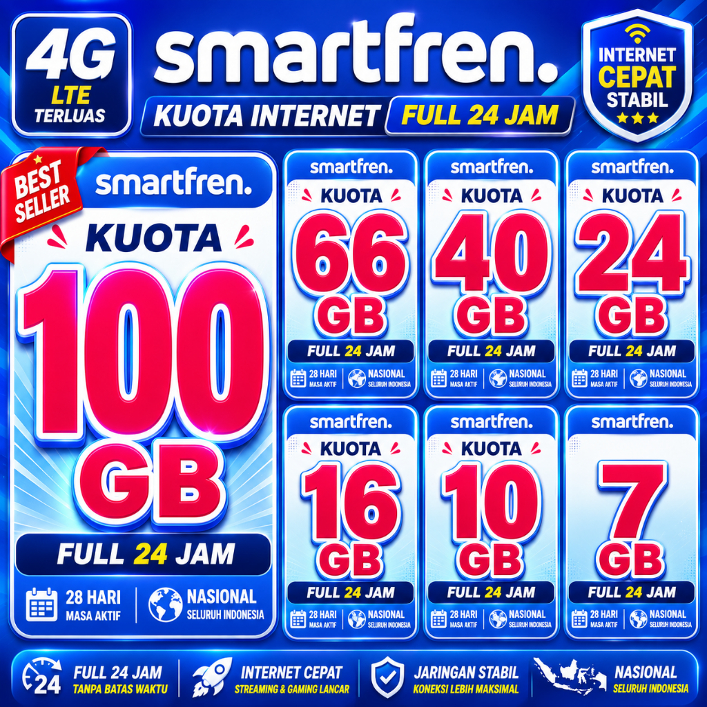 Kuota Internet Smartfren 100GB 66GB 40GB 24GB 16GB 10GB 7GB 28 Hari Full 24 Jam 14hari