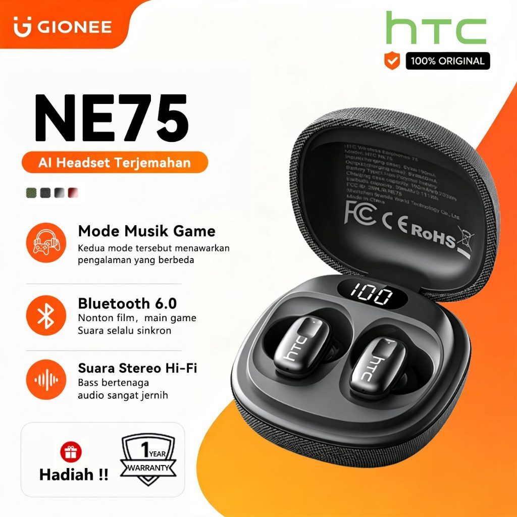 HTC NE75 Headset Woven Shell TWS AI Translate Bluetooth 6.0 134 Bahasa In-Ear HIFI Mic HD Call IPX5 Sport Earphone Olahraga