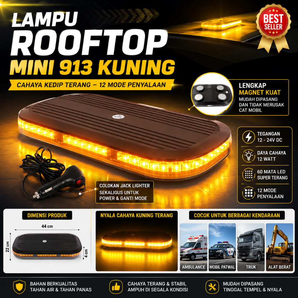 Lampu Rotator Rooftop 913 LED Kuning Terang 12V 24V Magnet