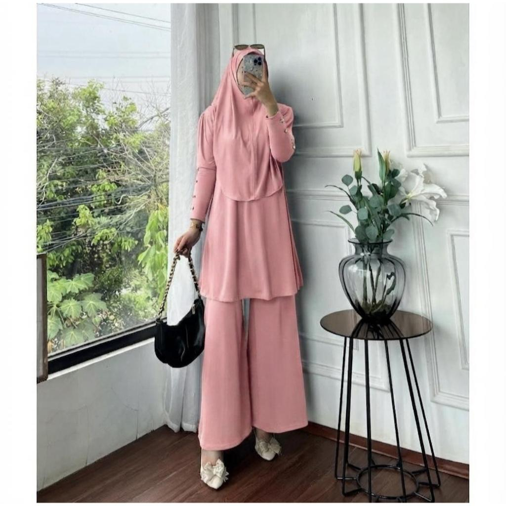Zahra Set 3in1 Jersey Premium| Atasan<celana dan Hijab Muslimah All Size