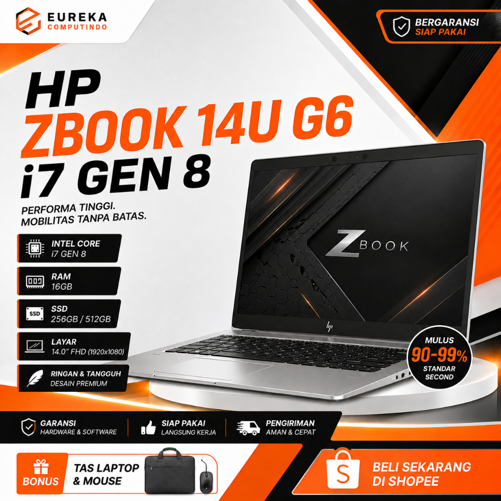 HP ZBook 14u G6 i7 Gen 8 RAM 16GB SSD 512GB Radeon Pro Laptop Workstation 14 Inch FHD | Bergaransi S