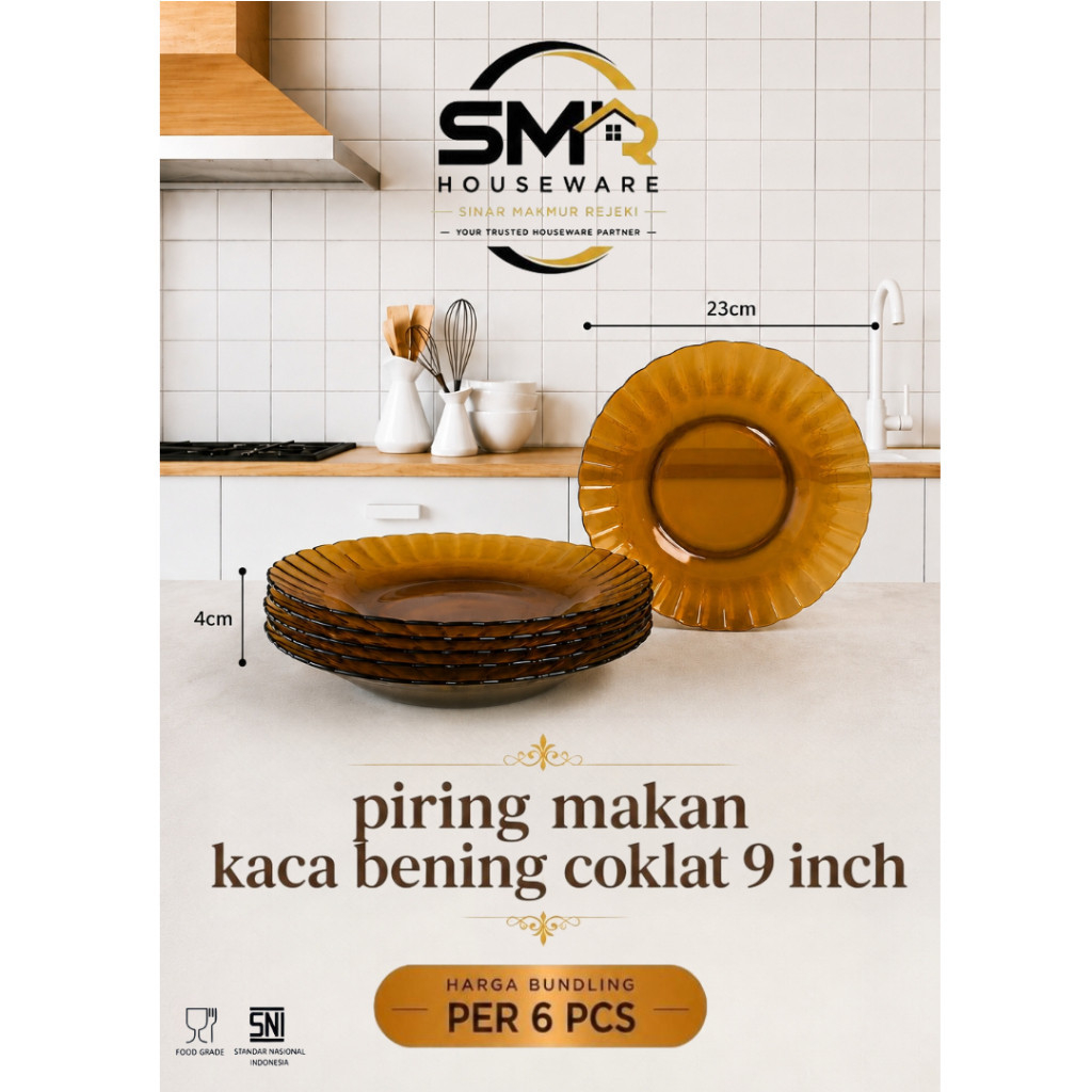 ( 6 PCS ) PIRING KACA COKLAT UKURAN 9 INCH | PIRING BBC COKLAT ( 6 PCS )