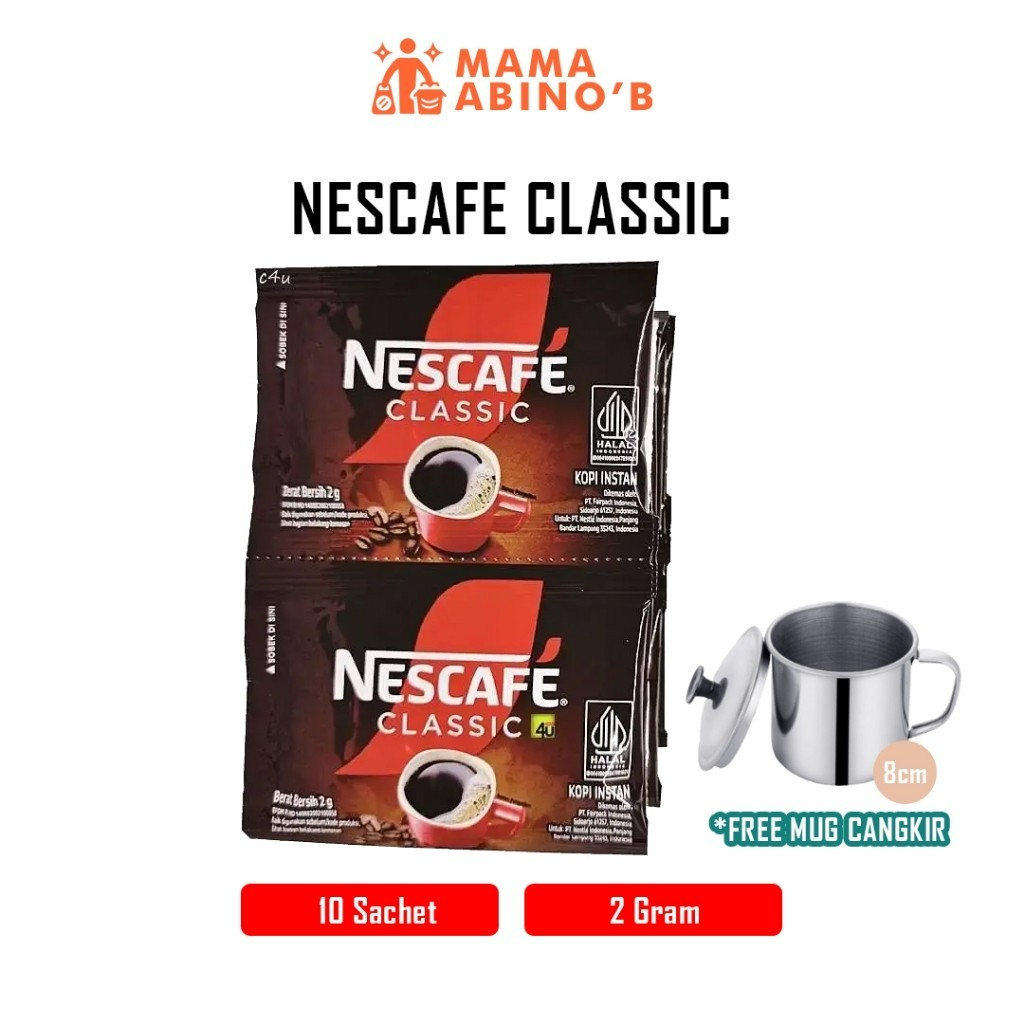 Kopi Nescafe Classic 10 Sachet x 2gr (1 Renteng) Instan Coffee Free Gelas Mug Cangkir Stainless 8cm