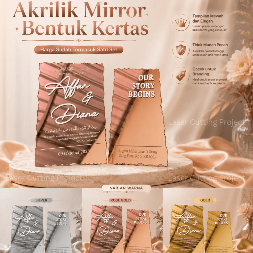 Akrilik Mahar Mirror Model Kertas Persegi-Timbul Nama Pendek dan Our Story Begins