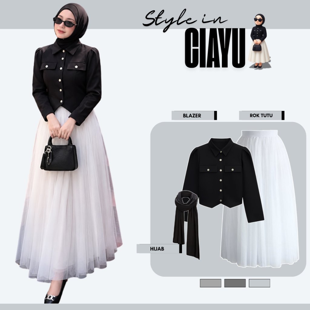 One Set 3in1 Set Outfit Elegant ( Blazer+Rok Tutu+Hijab ) Fashion Remaja Chic Kekinian - Ciayu Style
