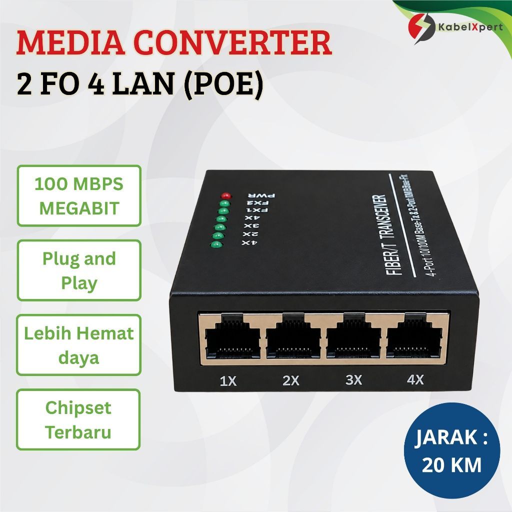 Media Converter Fiber Optic HTB 2 FO 4 LAN PoE 100Mbps Single Mode 20KM
