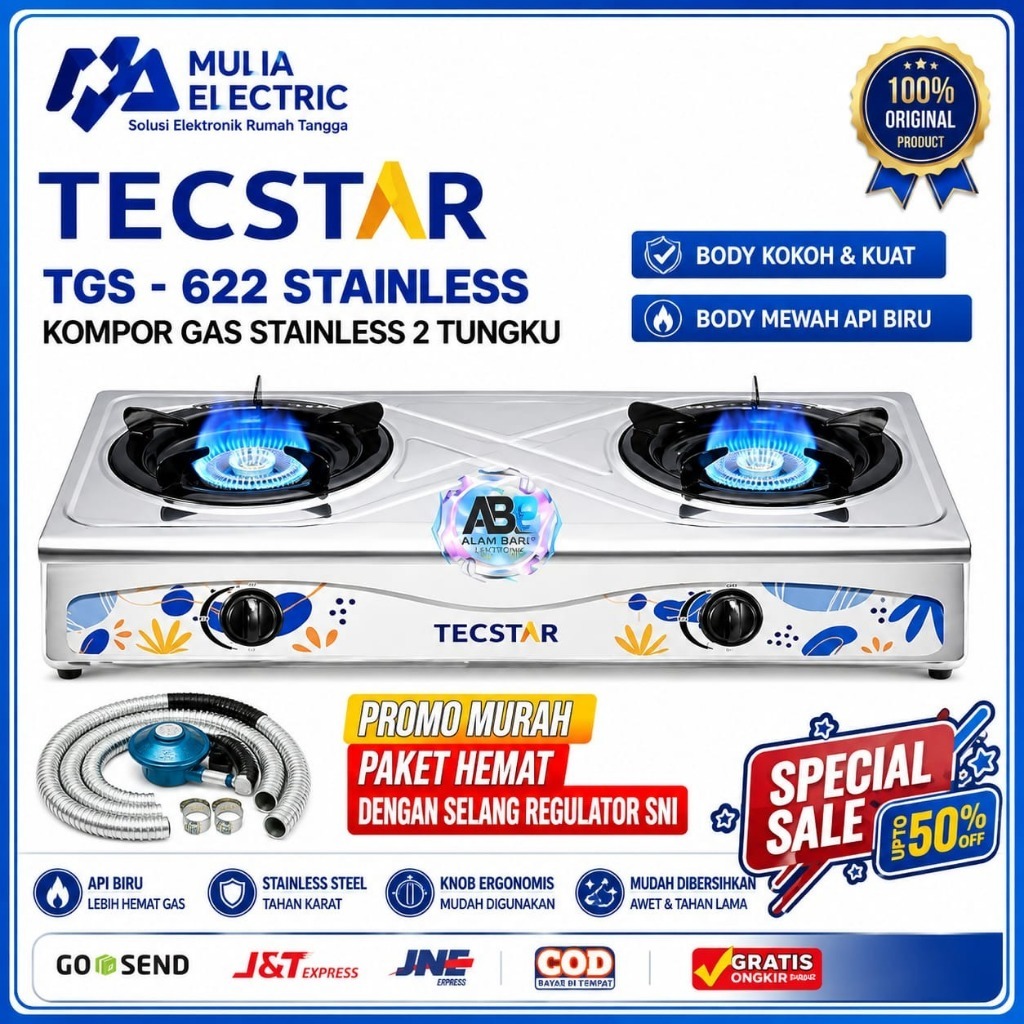 Kompor Gas 2 Tungku Stainless Tecstar TG-688CSJ FREE SELANG REGULATOR PAKET