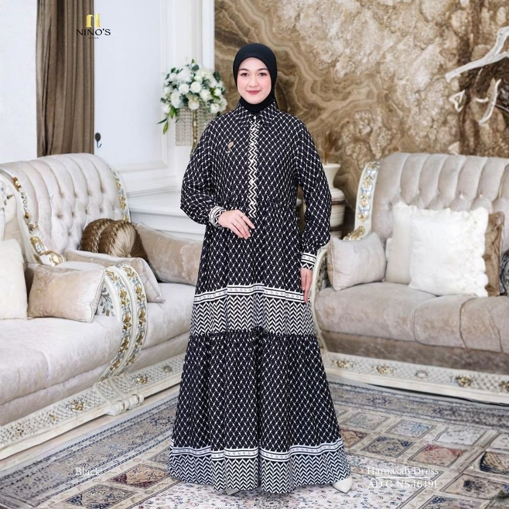 Ninos Design Hamasah Dress Muslim Motif Palestine Gamis Hitam ekslusif