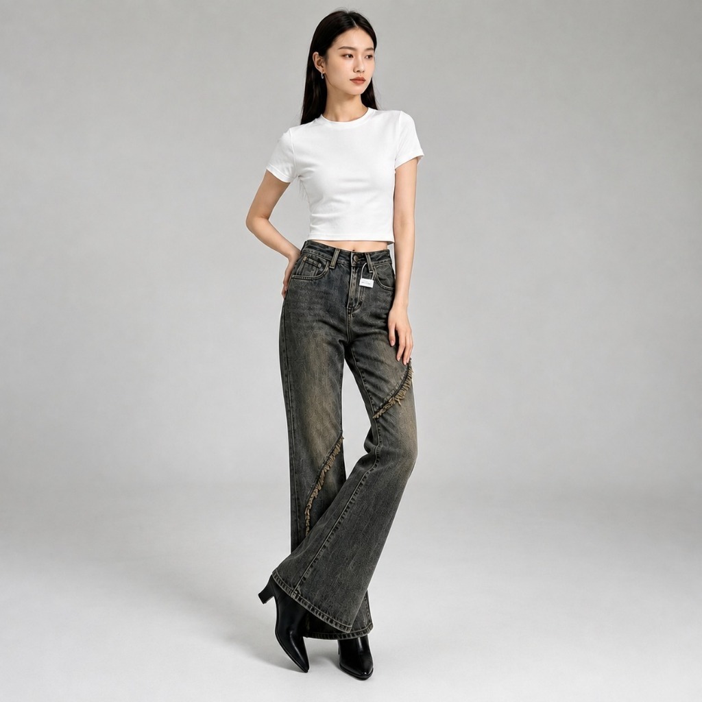 Celana Jeans Wanita Highwaist Flare-Leg Jeans Pants With Side Frayed YWC Cutbray Stretch Size S M L 