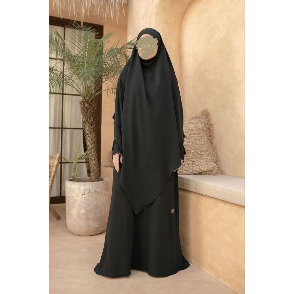 French Khimar Shaida Mada Black (Reguler) Ditsy Moslem