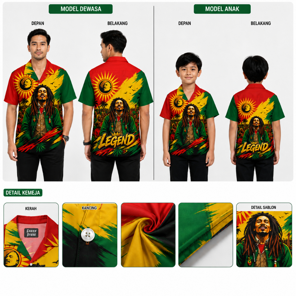 GREEN STORE Kemeja Reggae Marley – Kemeja Unisex Premium Adem | GS-271