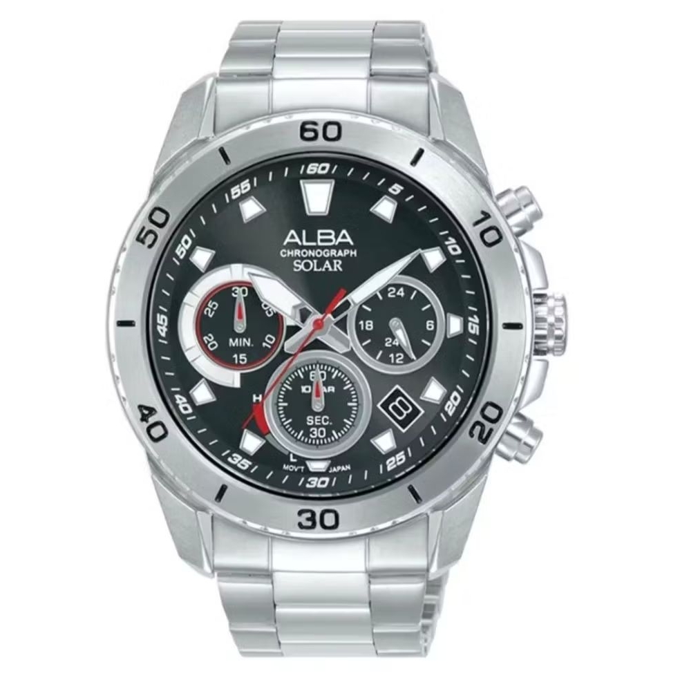 Jam Tangan Pria Alba AZ5015X1 AZ5015 Solar Chronograph Black Dial Stainless Steel