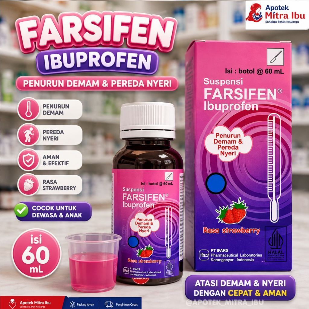 Farsifen Sirup 60ml (Ibuprofen 100mg/5ml) - Obat Penurun Demam Panas Anak & Pereda Nyeri Sakit Gigi 