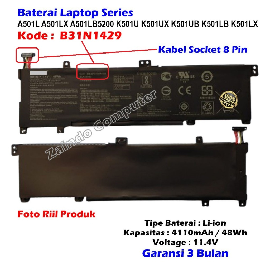 KODE B31N1429 BATERAI LAPTOP ASUS A501L A501LX A501LB5200 K501U K501UX K501UB K501LB K501LX GARANSI 