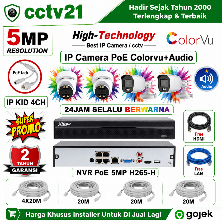 Promo / Paket Lengkap 4 IP Camera PoE Colorvu + Audio 2+2 Outdoor 5MP High Tech Full Color NVR PoE 4