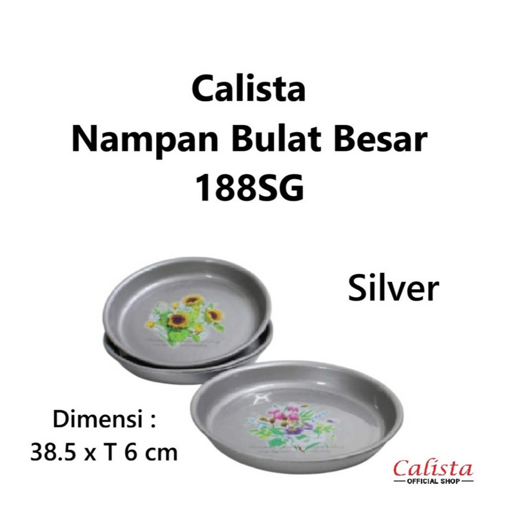 NAMPAN PLASTIK CALISTA BULAT 1 LUSIN 38 CM MOTIF BUNGA SILVER ALAT SAJI BAKI TAMPAH BUNDAR ABU ABU P