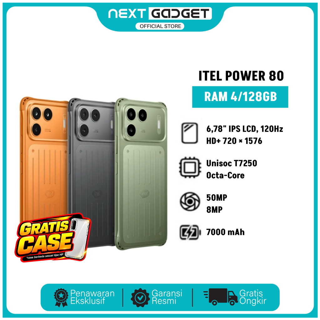 ITEL Power 80 - 4/128, Rugged Smartphone, Baterai 7000mAh, IP68/IP69 Tahan Air dan Debu