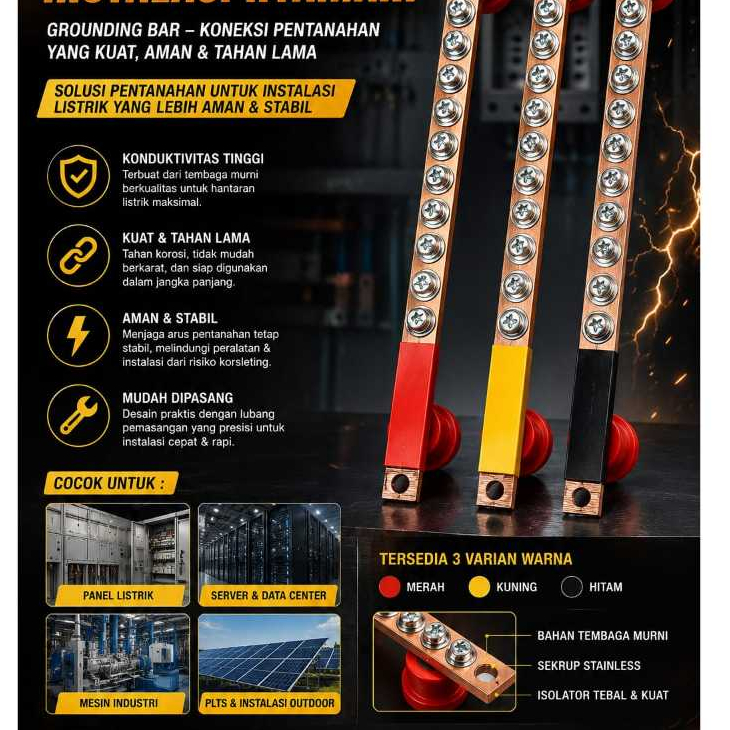 Grounding Bar Koneksi Penahanan Listrik Tembaga Murni dengan Sekrup Stainless Isolator Tebal