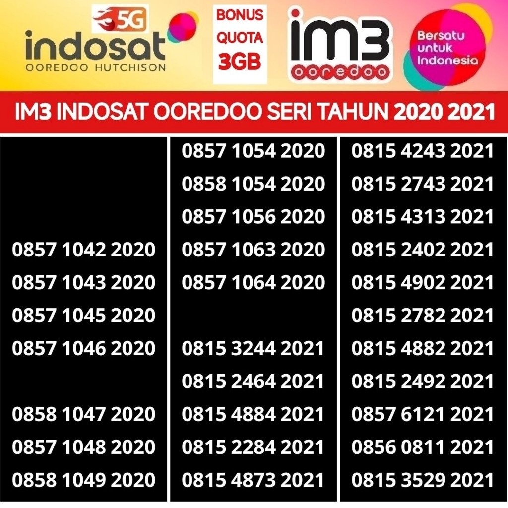 nomer cantik indosat ooredoo im3 seri tahun 2020 2021 nomor kartu perdana 4G 5G internet freedom 3GB
