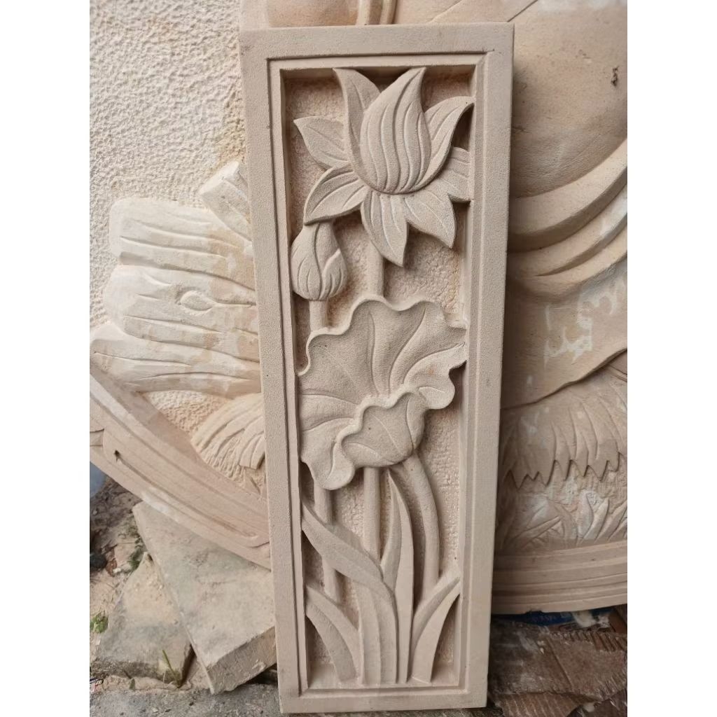 Relief Batu Alam Motif Bunga Teratai Ukuran 20x60 cm - Hiasan Dinding / Ornamen Pilar Rumah Ready St