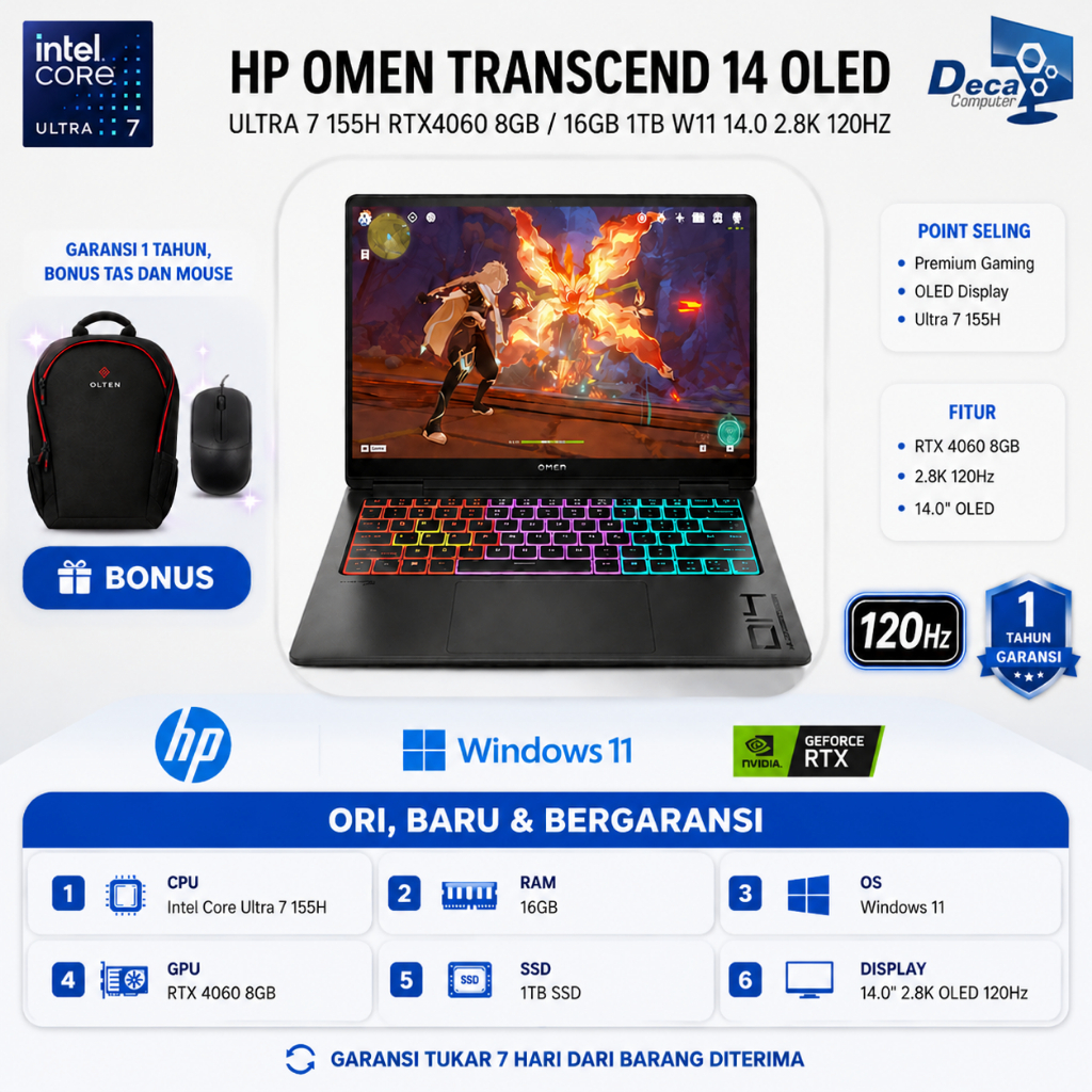 HP OMEN TRANSCEND 14 OLED ULTRA 7 155H RTX4060 8GB/ 16GB 1TB W11 14.0 2.8K 120Hz