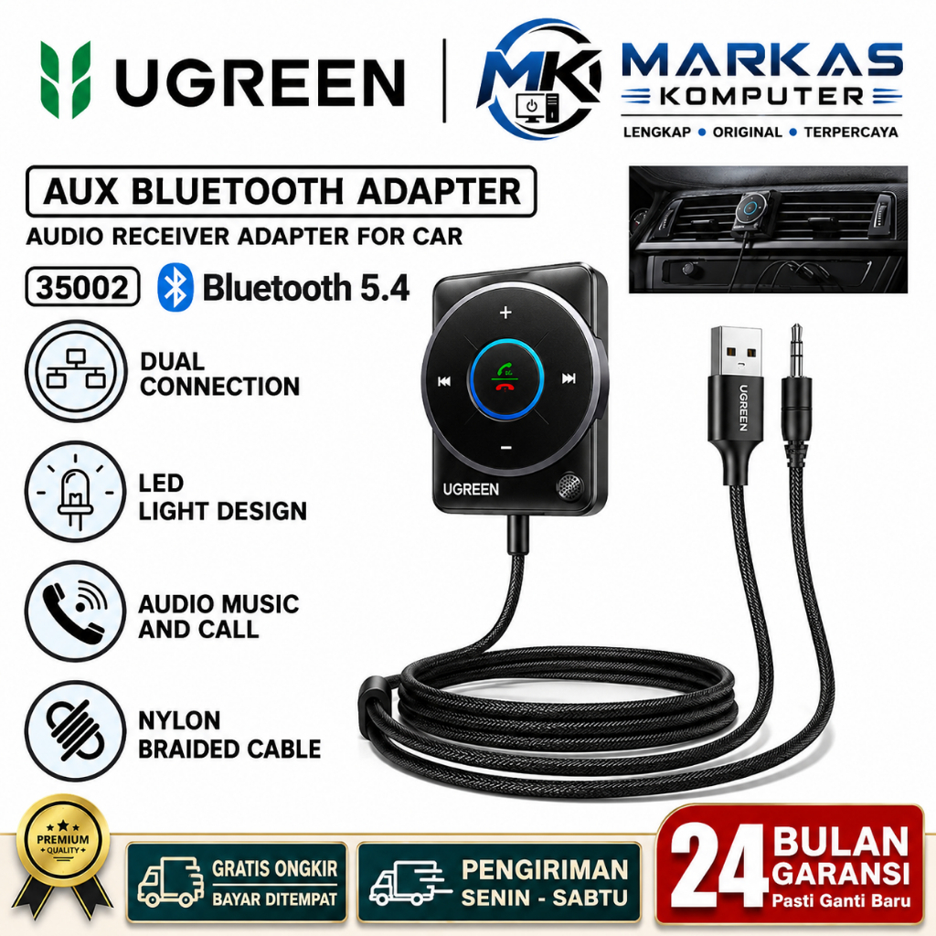 Aux Receiver Bluetooth Adapter UGreen Bluetooth 5.4 Dual Connection For Car (35002)