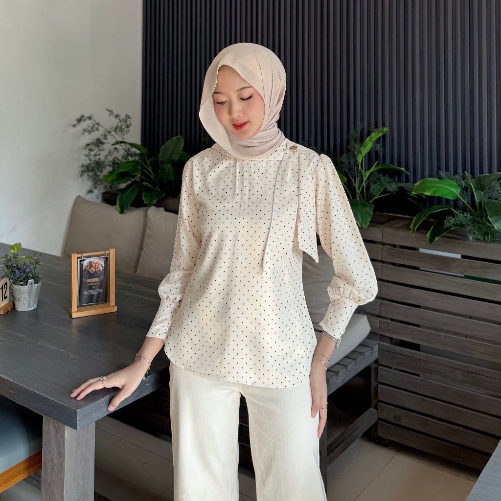 Vione Celeste Blouse | Blouse Wanita Premium Shakila Import | Atasan Hijab Polkadot Elegan