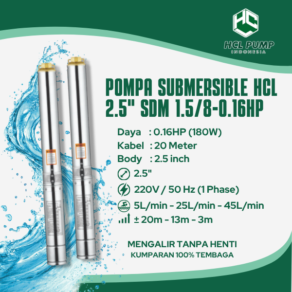Submersible PUMP HCL 2.5'' 0.16 HP + Control Box + Kabel 20 Meter / Pompa HCL Kabel 20 Meter / Pompa