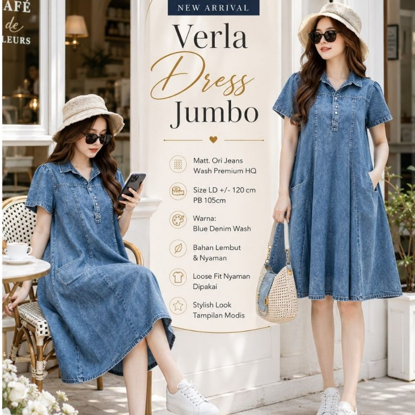 VERLA DRESS JUMBO DENIM WANITA | Dress Jeans Jumbo LD 120 | Dress Denim Wanita Longgar Casual