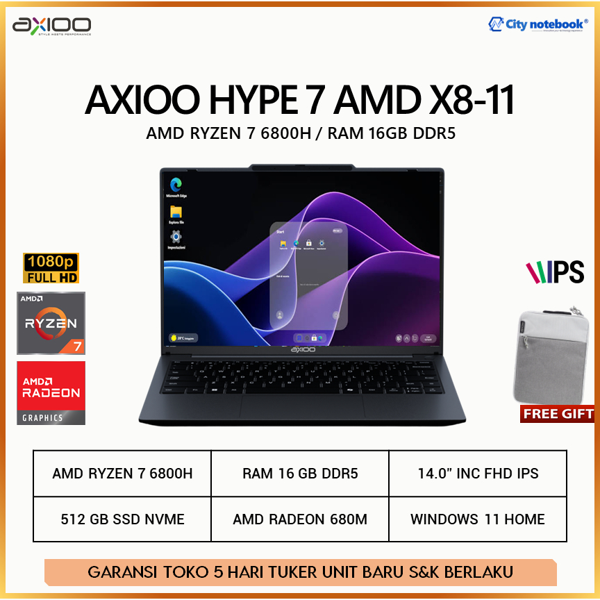 Laptop Axioo Hype 7 AMD JKT48 X8-11 Ryzen 7 6800H 16GB 512GB W11 14" FHD IPS