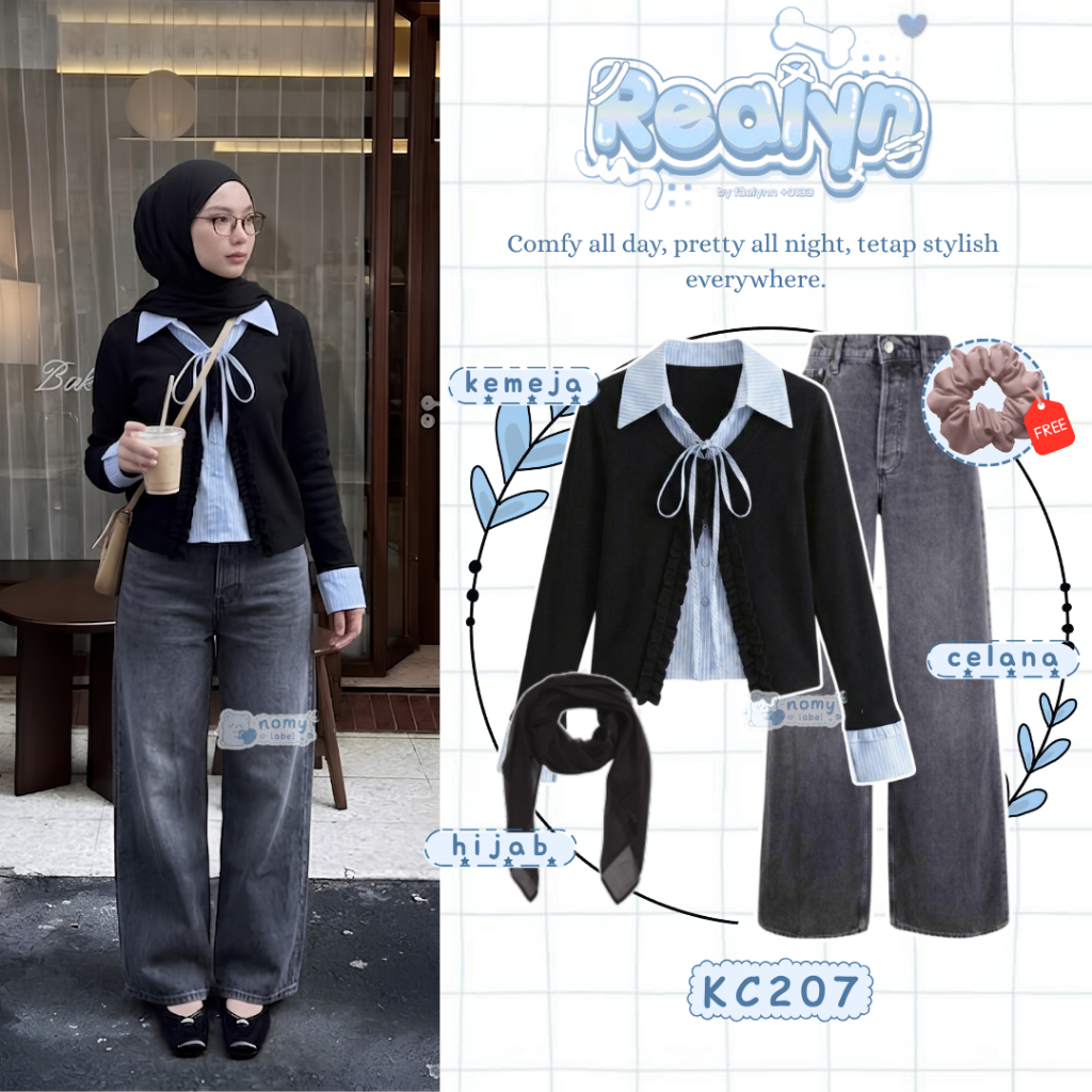 Nomy Label - Setelan 3 In 1 Set Wanita (Hijab + Kemeja Novbel + Celana Jeans) Ootd Oneset Hangout Ng