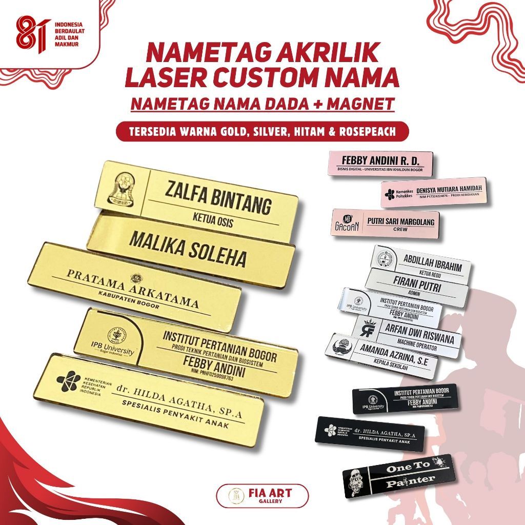 Name Tag Akrilik Mirror Custom Nama dengan Magnet Tempel Ukuran 8x2 cm Tebal 2 mm Warna Emas dan Per