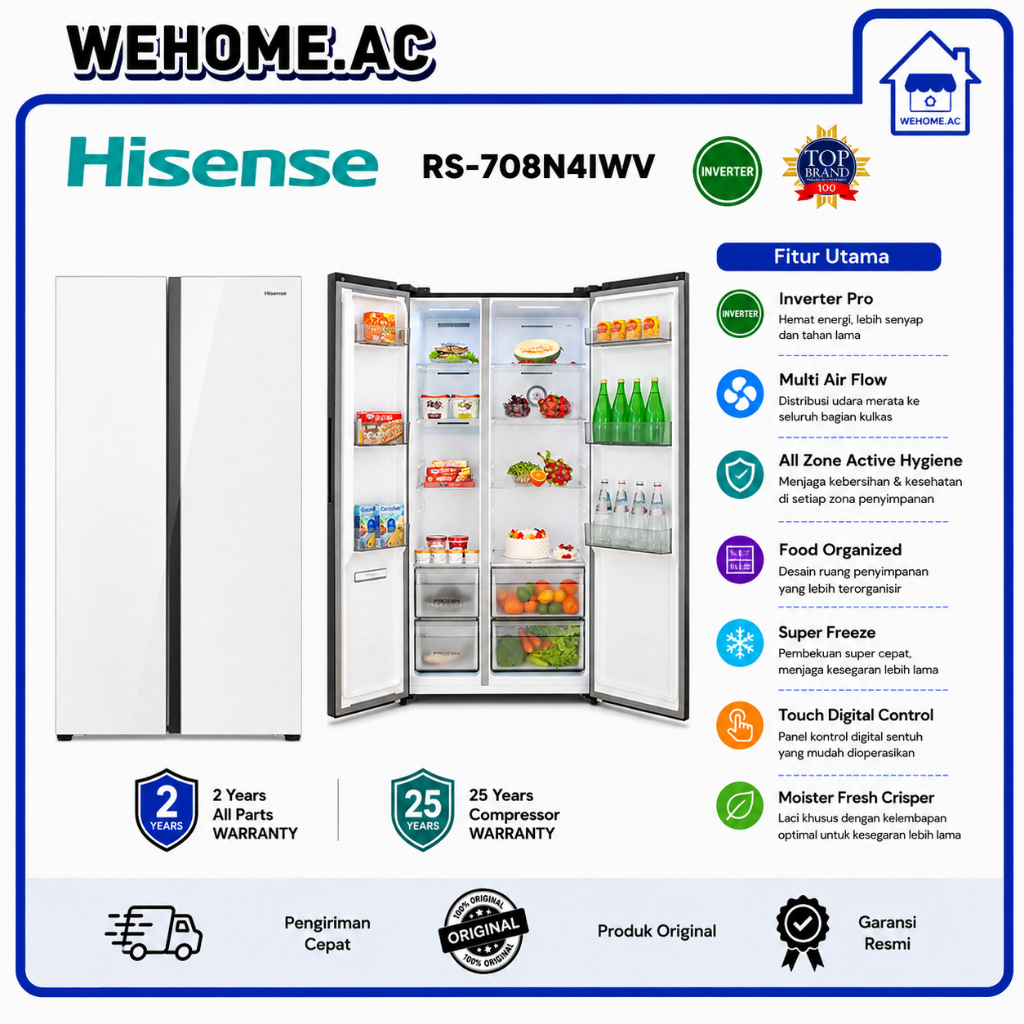 Kulkas Hisense 2 Pintu Side By Side RS-708N4IWU Kulkas Side By Side 2 Pintu Hisense